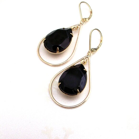 Vintage Rhinestone Earrings, Black Teardrop Earrings, Gold Fill Leverbac… - Picture 4 of 9